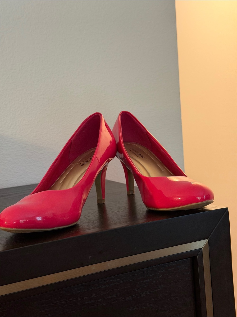 pink patent wide sized pumps by Predictions!